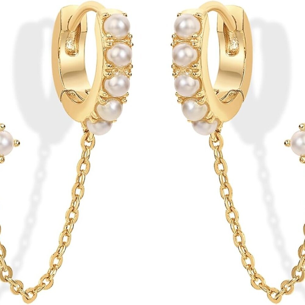 14K Gold Chain Earrings for Women | Double Piercing Dangle Chain Huggie Hoop Ear
